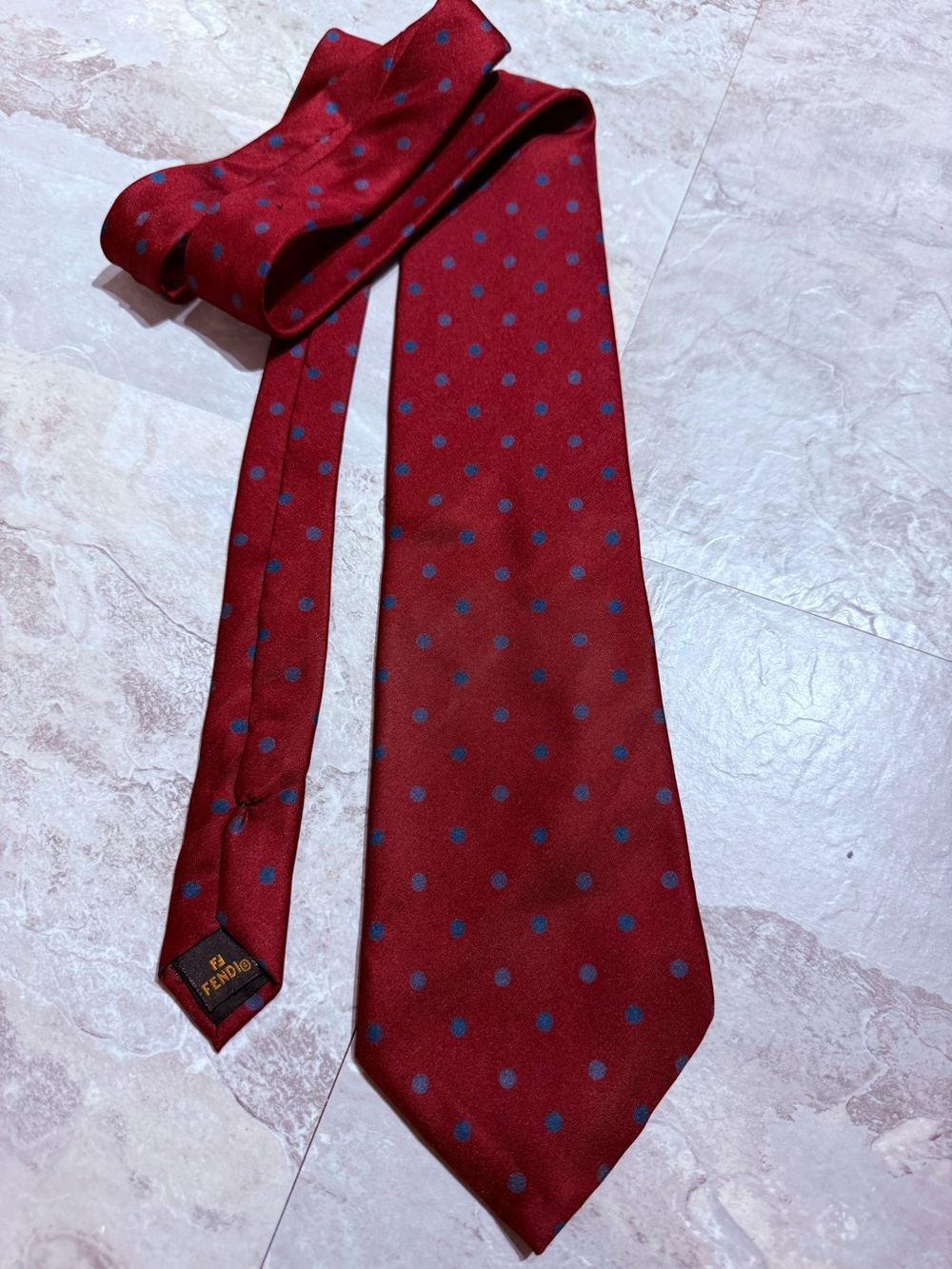 Vintage Fendi Cravatte Silk Necktie Red Burgundy Blue Polka Dot Made in Italy
